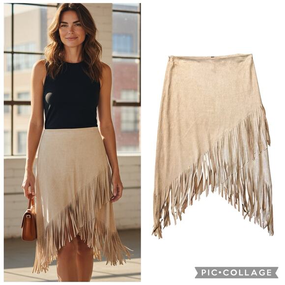 ELAN Tan Microsuede Fringe Skirt Size M Side Zip - Picture 1 of 8